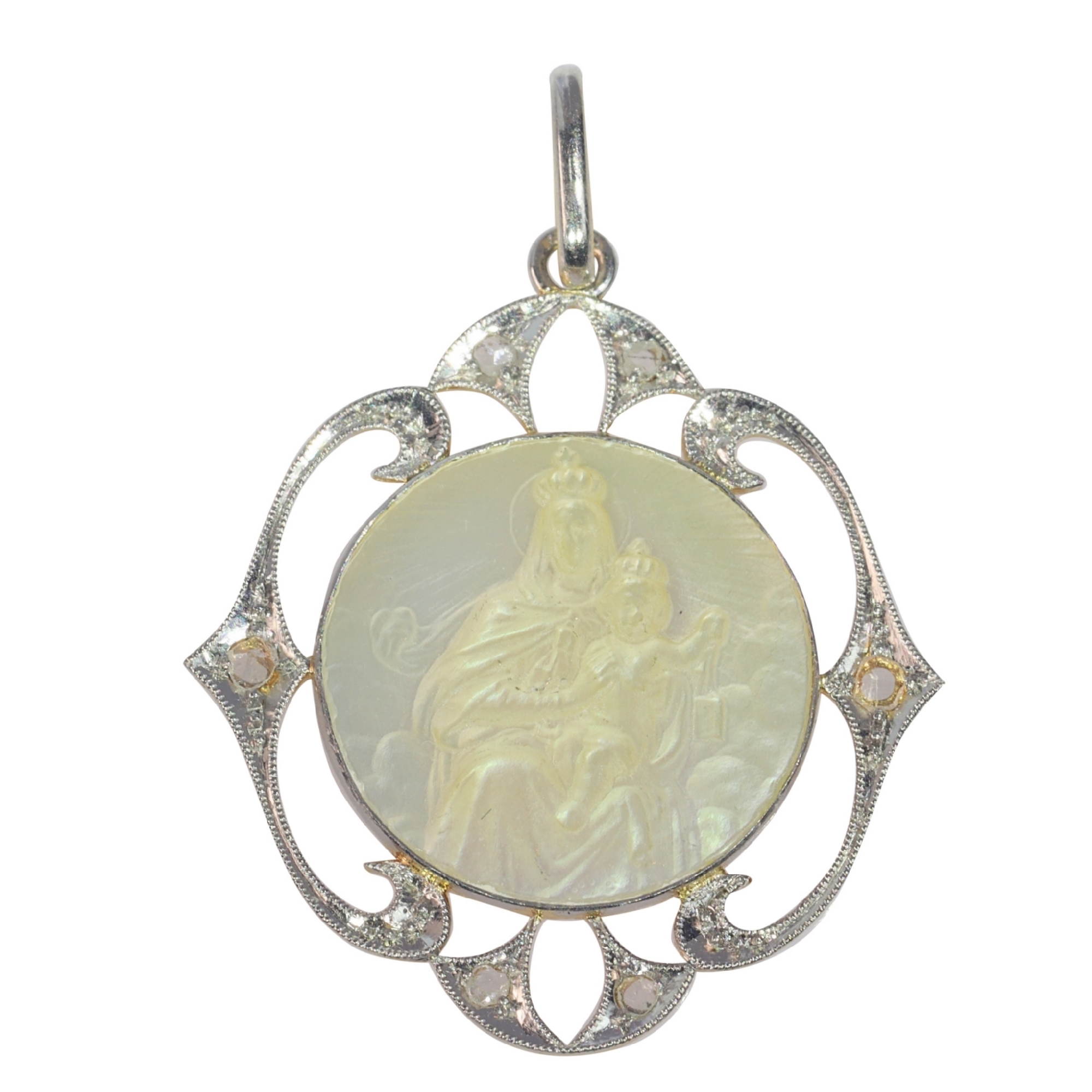 Vintage Belle Epoque - Art Deco diamond Mother Mary and baby Jesus medal